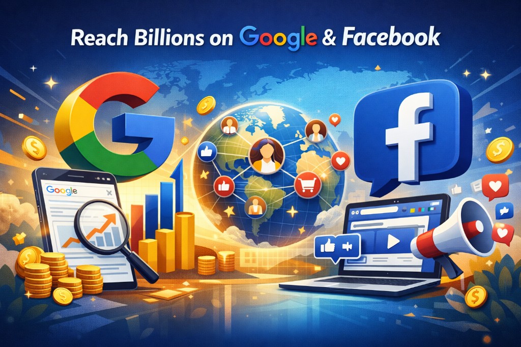 Google and Facebook Ads illustration showing global audience reach and campaign growth